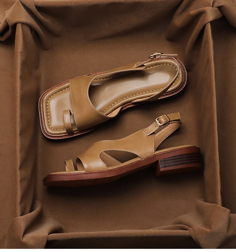 

SHOEBOX ‌‌Retro brown leather sandals for women's summer collection fashionable low heel rear strap plus size women's shoes
