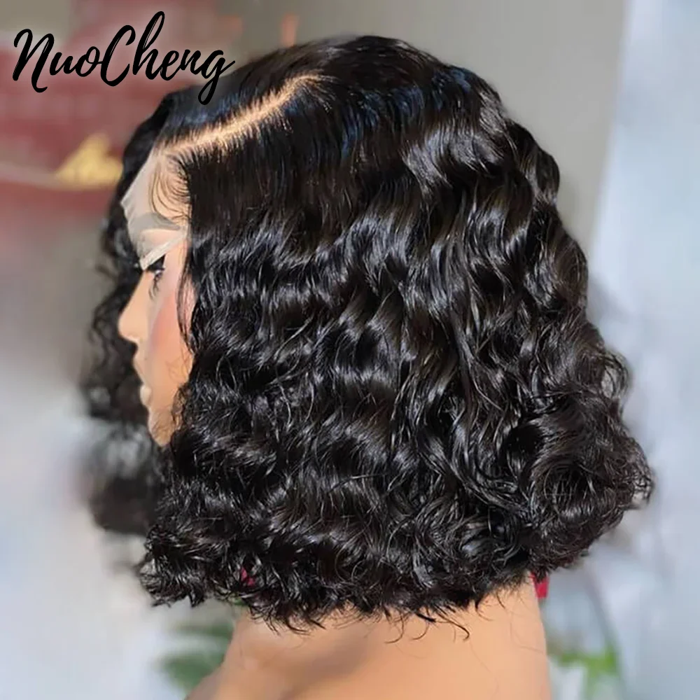 Profunda Curly Bob Peruca Curta para Mulheres, Laço Frontal, Cabelo Humano, Onda Profunda, Blunt, Transparente, HD, 13x4, 13x4