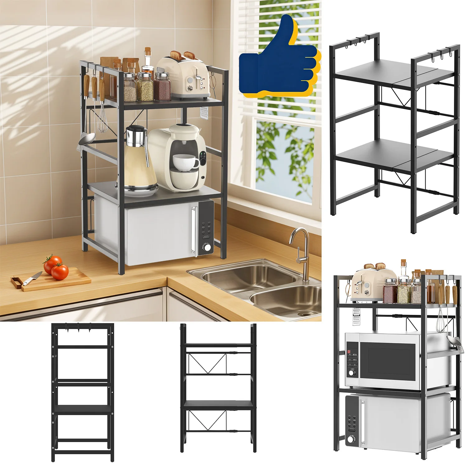 Schwarzes, erweiterbares Küchenregal mit 3 Ebenen, höhenverstellbarer Mikrowellenhalter mit 6 Haken, platzsparender Organizer