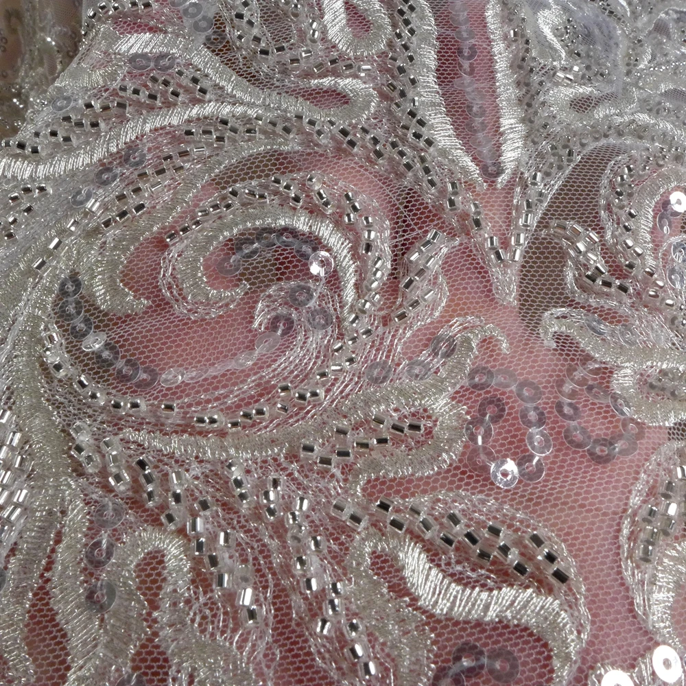 HelluyerDC Silvery beading lace fabric,One Side patterns lace for fashion,wedding,evening,dance gown by the yard