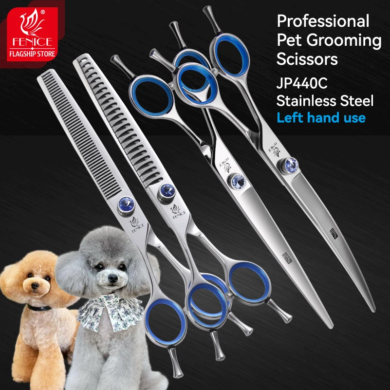 Fenice Professional 7/7.5/8 inch JP440C Left-handed Dog Cutting Curved Fluffy Thinning Chunker Scissors Set Kits Dog Grooming