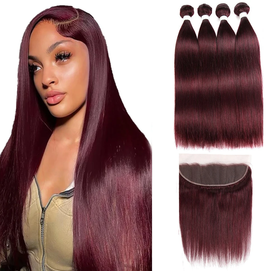 

Straight Bundles with Lace Frontal 99j Burgundy Hair 100% Unprocessed Remy Human Hair Weaves 3 Bundles with 13x4 HD Lace Frontal