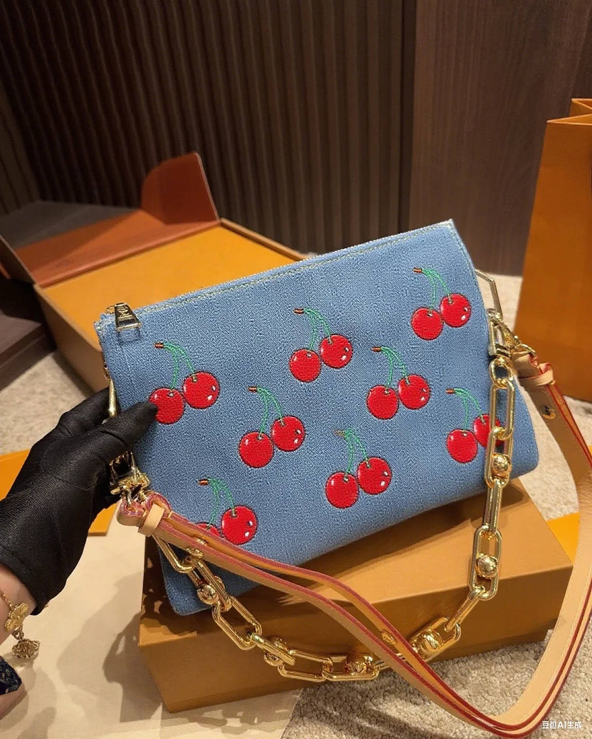 

2025 New and Fashionable Embroidered Cherry Denim Clutch Bag ZXM012