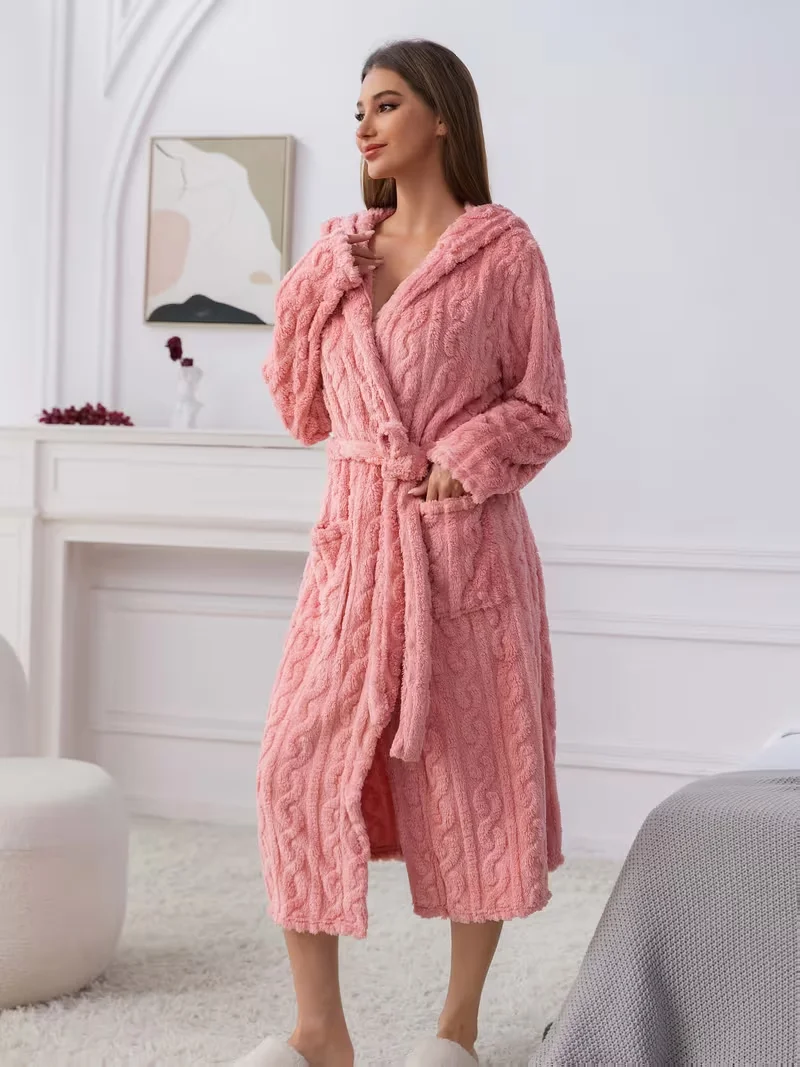 Pink Flannel Female Long Robe Lounge Wear Thicken Coral Fleece Hooded Bathrobe Gown Autumn Winter Loose Sleepwear Home Dress view 6
