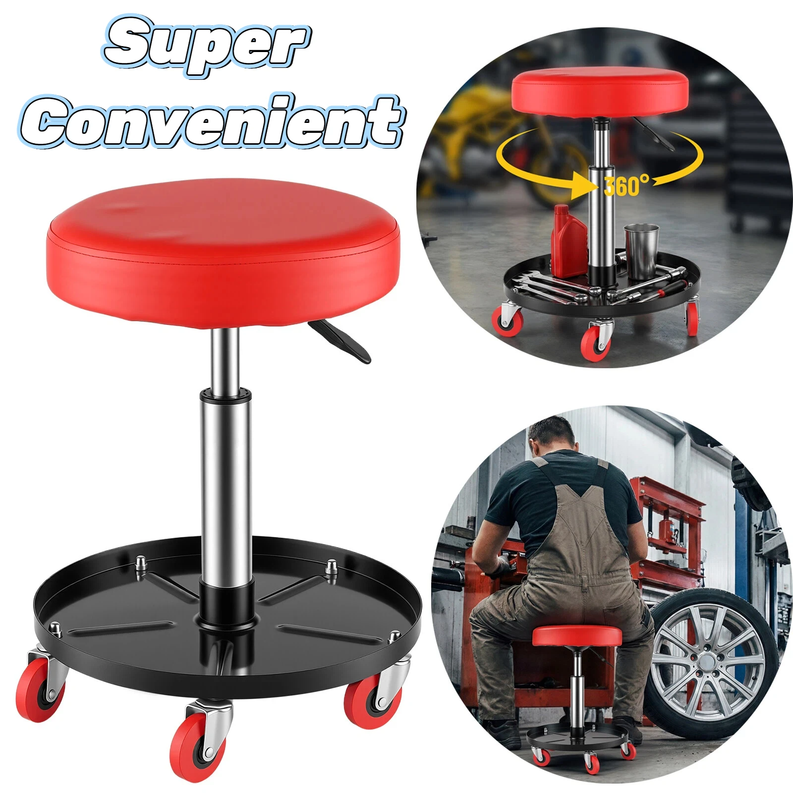 Tabouret de mécanicien réglable en hauteur avec roulettes, tabouret de garage à roulettes 360°, capacité 300 lbs °   Siège pivotant et plateau à outils – Chaise d'atelier 44-60 cm pour réparation automobile, garage domestique – Rouge/Noir