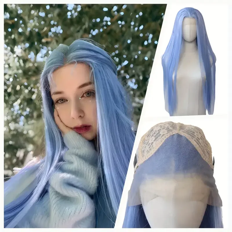 

28" Blue Synthetic Fiber Lace Front Wig - 180% High Density, Heat Resistant, Straight Hair for Cosplay, Parties, and Events