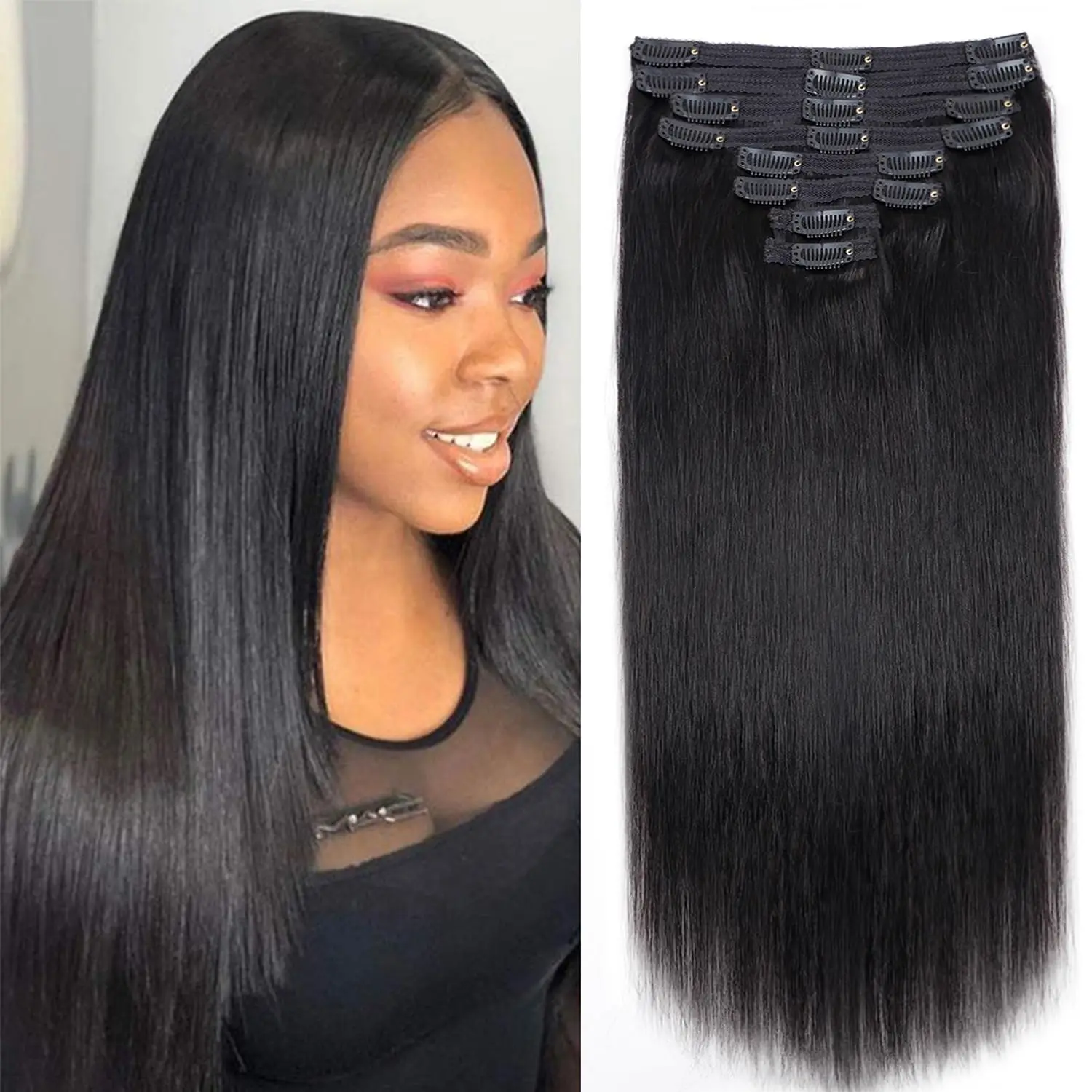 Straight Clip-In Extensão Cabeça Cheia, Cabelo Humano Remy Brasileiro, Cor Natural, 18 Clipes, Clipes Sem Costura, 8pcs