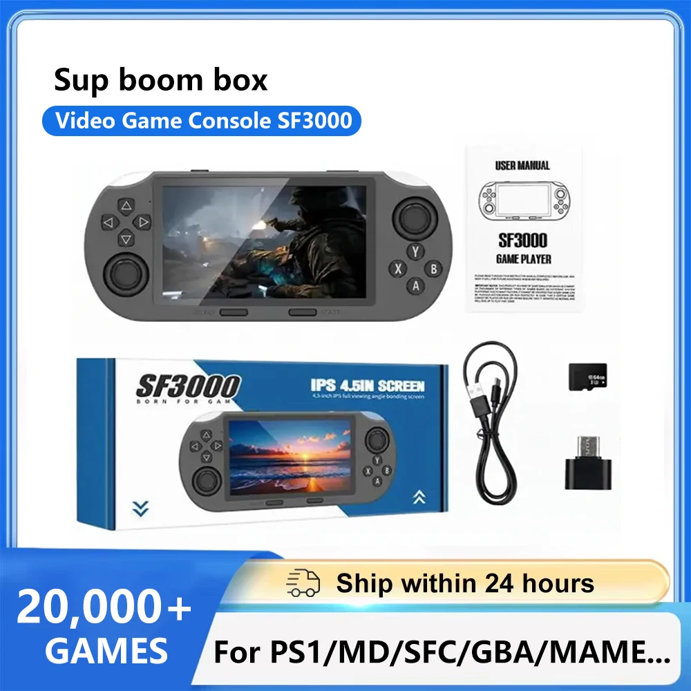 SF3000 4.5 بوصة مشغل ألعاب محمول شاشة IPS وحدة تحكم ألعاب فيديو ريترو محمولة مدمجة 20000+ ألعاب لـ PS1/GBA/SFC