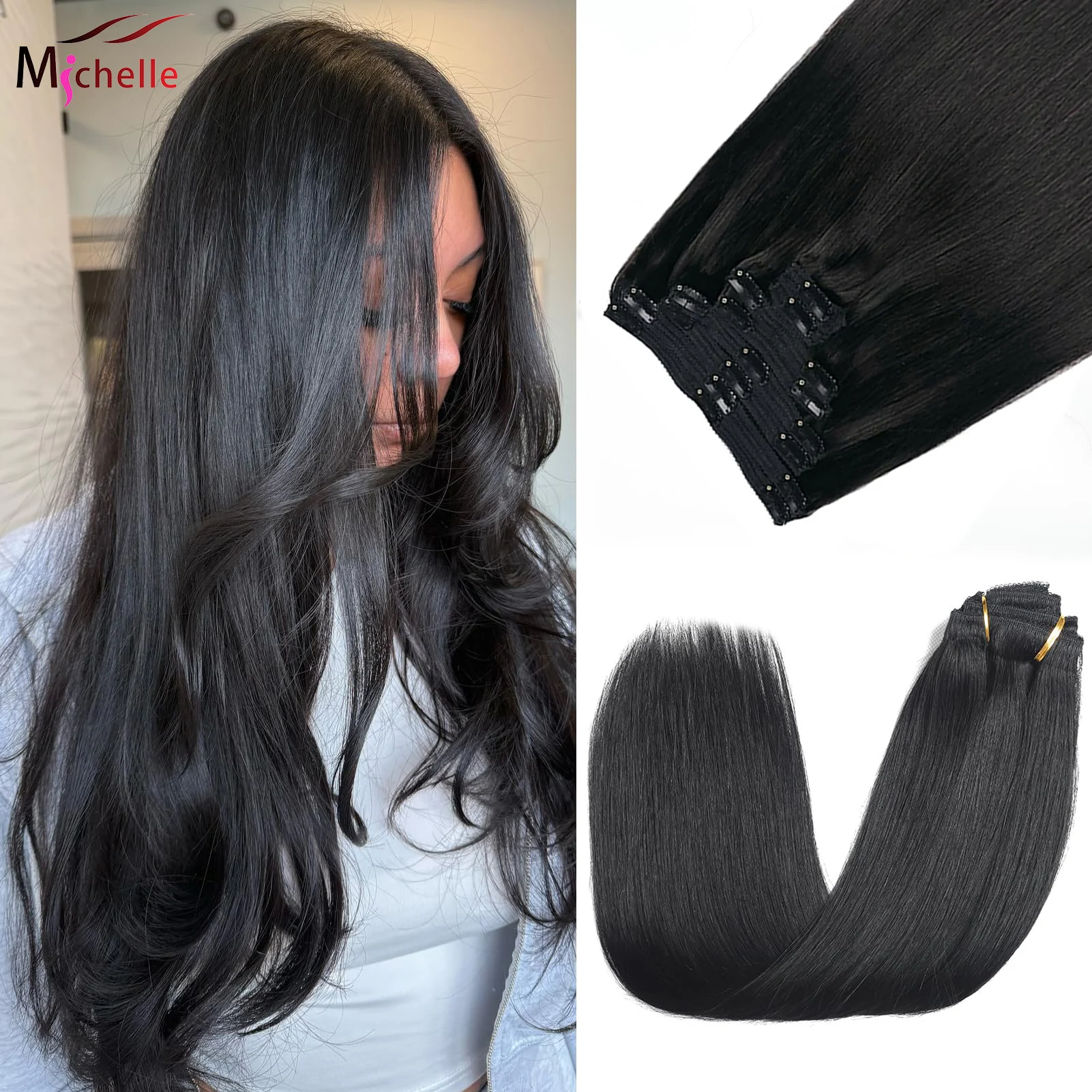 Straight Clip in Hair Extensions 100% Brazilian Remy Human Hair Natural Black Clip in 8pcs with 18 Clips Straight Hair Extension