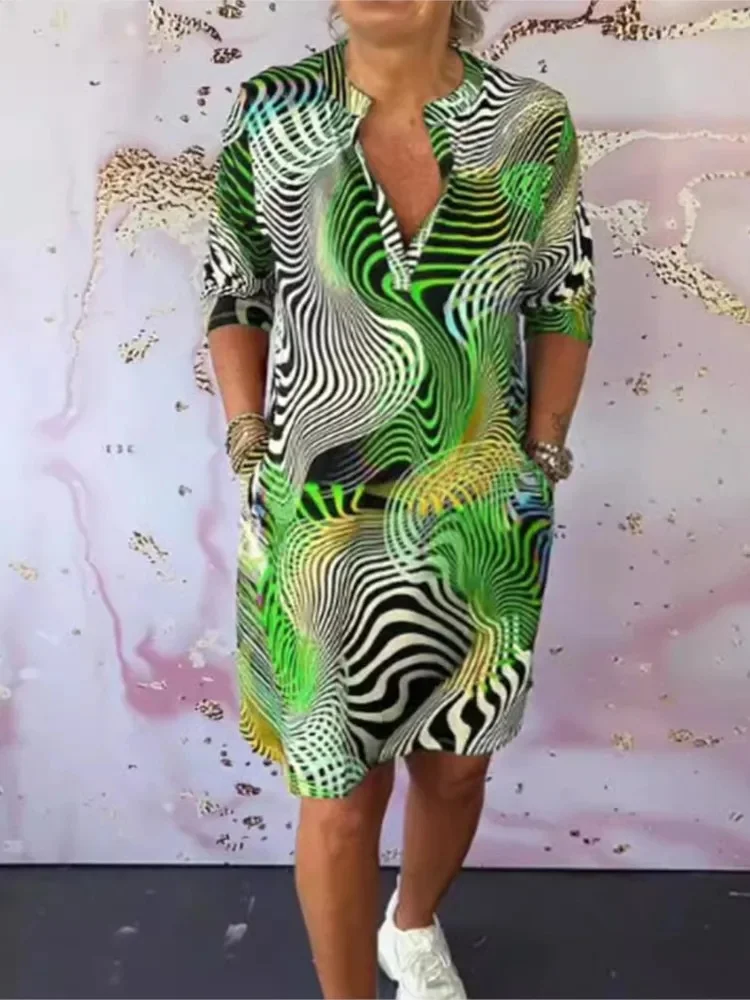 Elegante bedrukte jurk met V-hals en middenmouwen voor dames Nieuwe zomermode Casual losse kantoorvakantie feestjurken Dameskleden - afbeelding 2