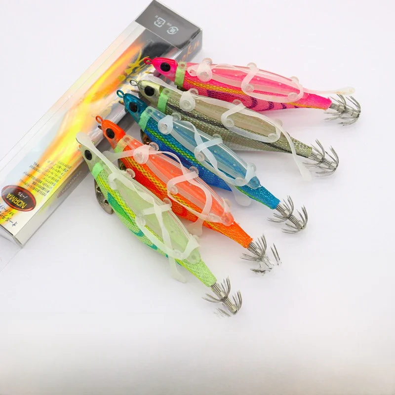 Crochet de calmar appât vivant 21g crevettes en bois parfumées charbon Tube de soufflage crochet lueur dans le noir Imitation crevettes crochet retourné