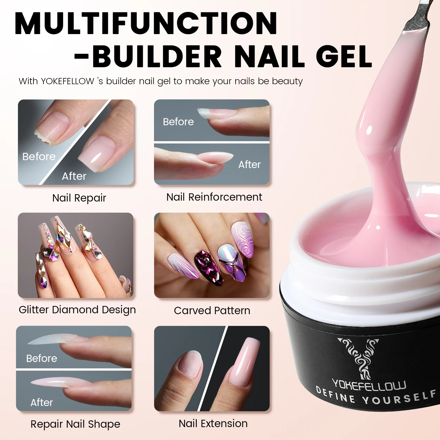 YOKEFELLOW gel constructor de uñas - 15g Extensiones Profesionales gel solido uñas Apto para Novatos gel uñas Adecuado para señoras builder gel uñas