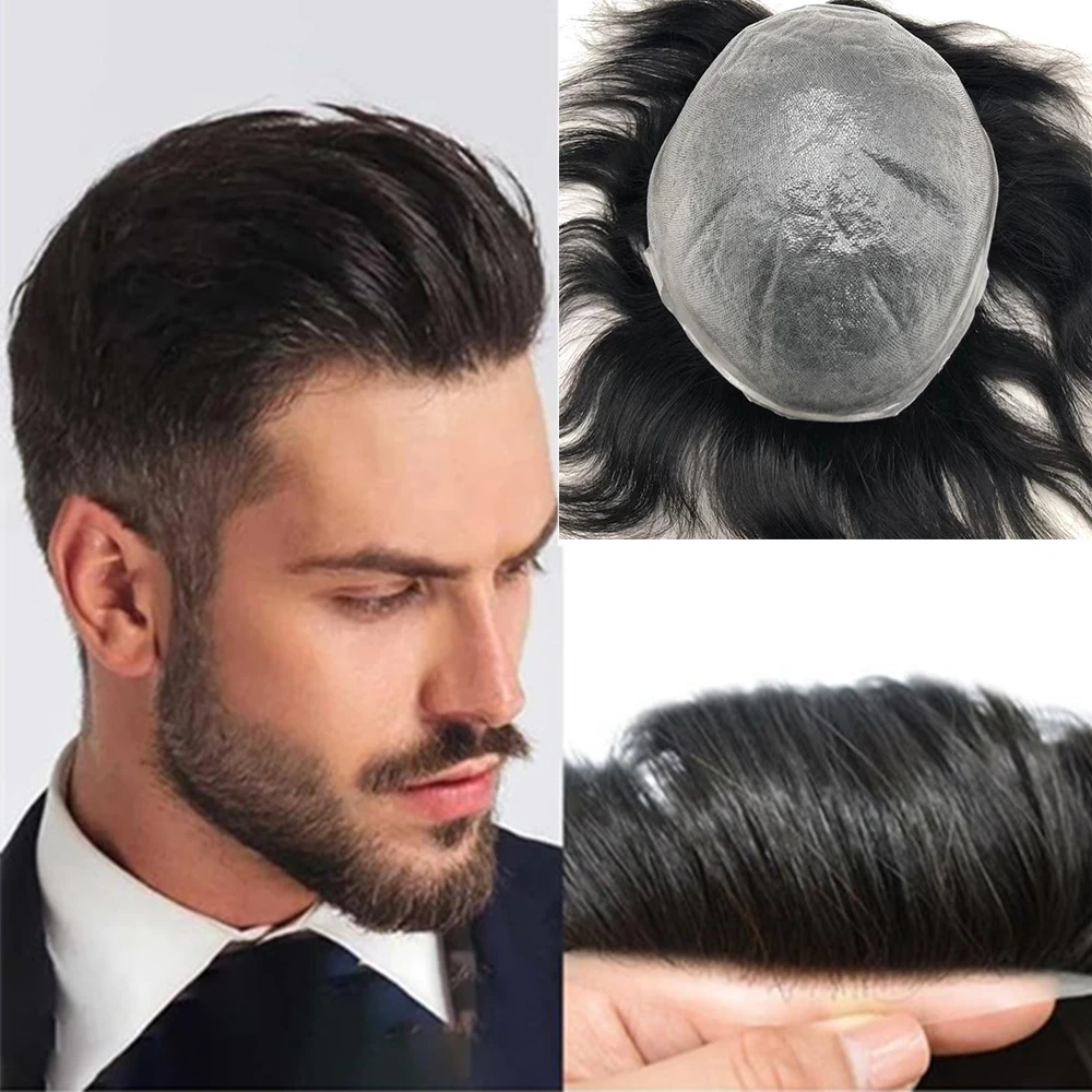 

Human Hair Men's PU toupee Mens Replacement System Toupee Hairpiece Remy Human Hair Thin Skin PU Topper Wig Natural Looking