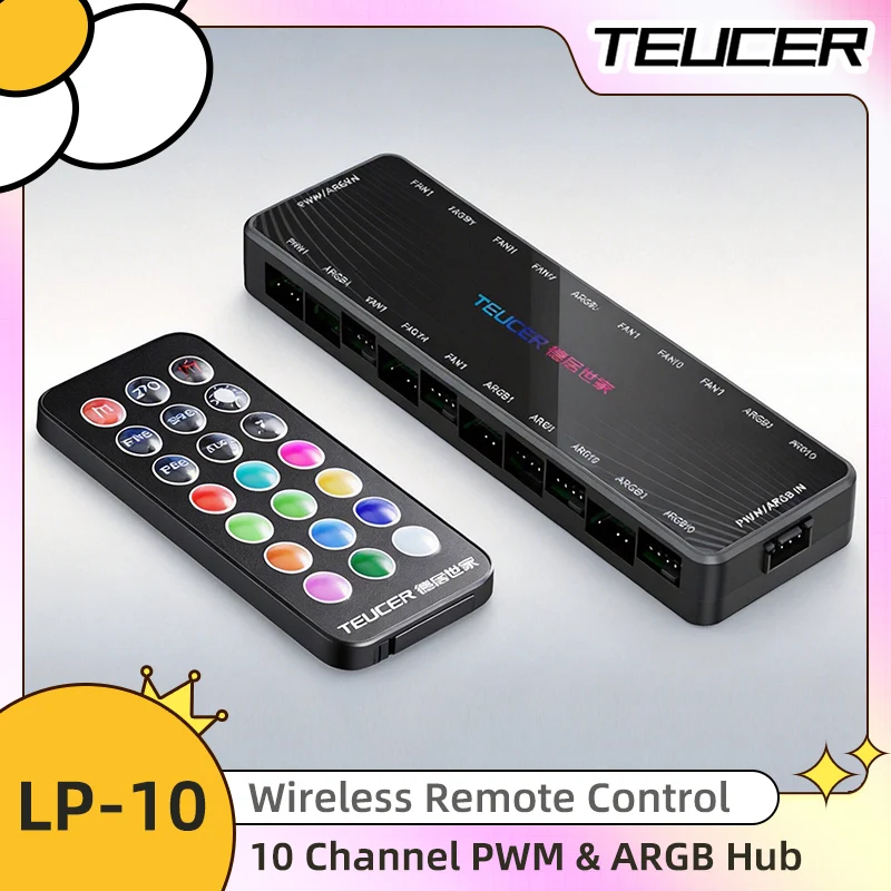 LP-10 ARGB PWM Fan Hub with Remote, 10 Port 5V 3Pin RGB Controller, SATA Powered PC Fan Splitter for Gaming PC Case