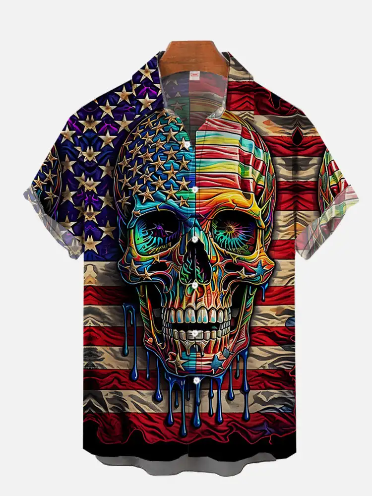 Vintage American Flag and Color Paint Skull Print Short Sleeve Shirt S-5XL