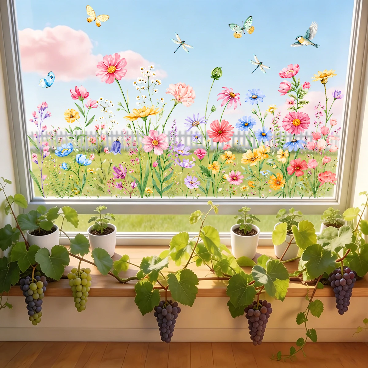Frühlings-Wildblumen-Fensteraufkleber für Glas, Bunte Schmetterling-Blumen-Fensterfolien, Statische Fensterdekoration für Schlafzimmer und Wohnzimmer
