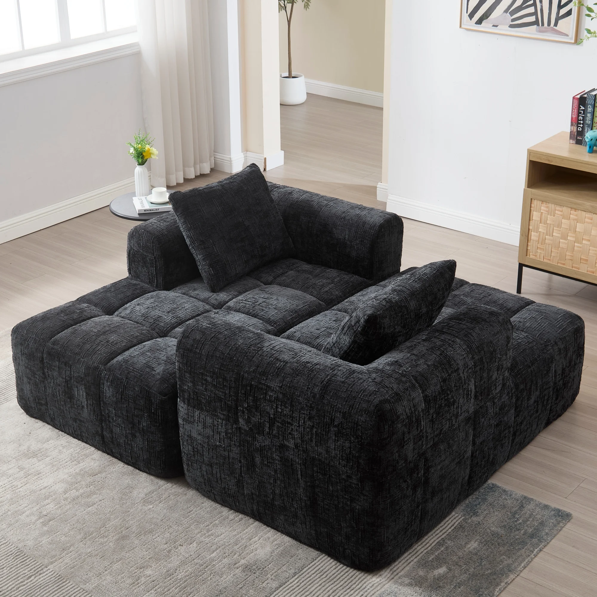 Canapé d'angle, canapé relax, canapé simple, canapé moelleux, mobilier rembourré, chaise longue, canapé lounge avec coussins et poches latérales, mobilier rembourré, noir
