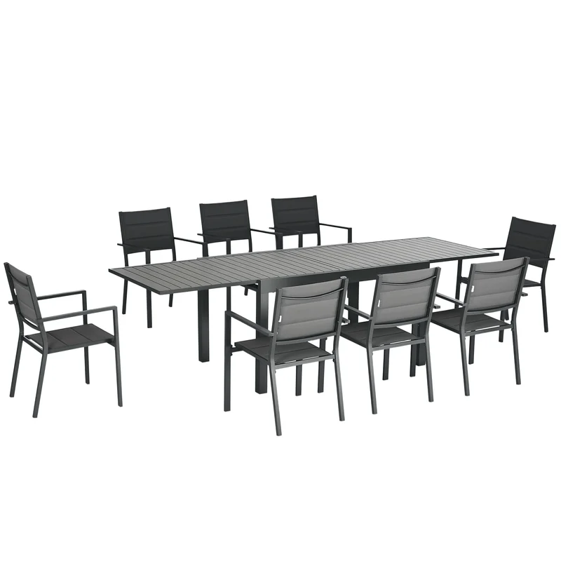 Salon de jardin table extensible 135-270 cm en aluminium et textilène 6/10 personnes 8 chaises empilables gris