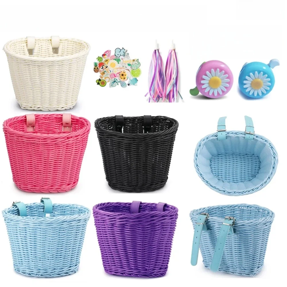 AliExpress ALLOYSEED 1/4Pcs Pe Rattan Wicker Bicycle Front Basket+Bell+Tassel+Sticker Bicycle Front Basket Hand Handwoven Children's Bicycle Basket