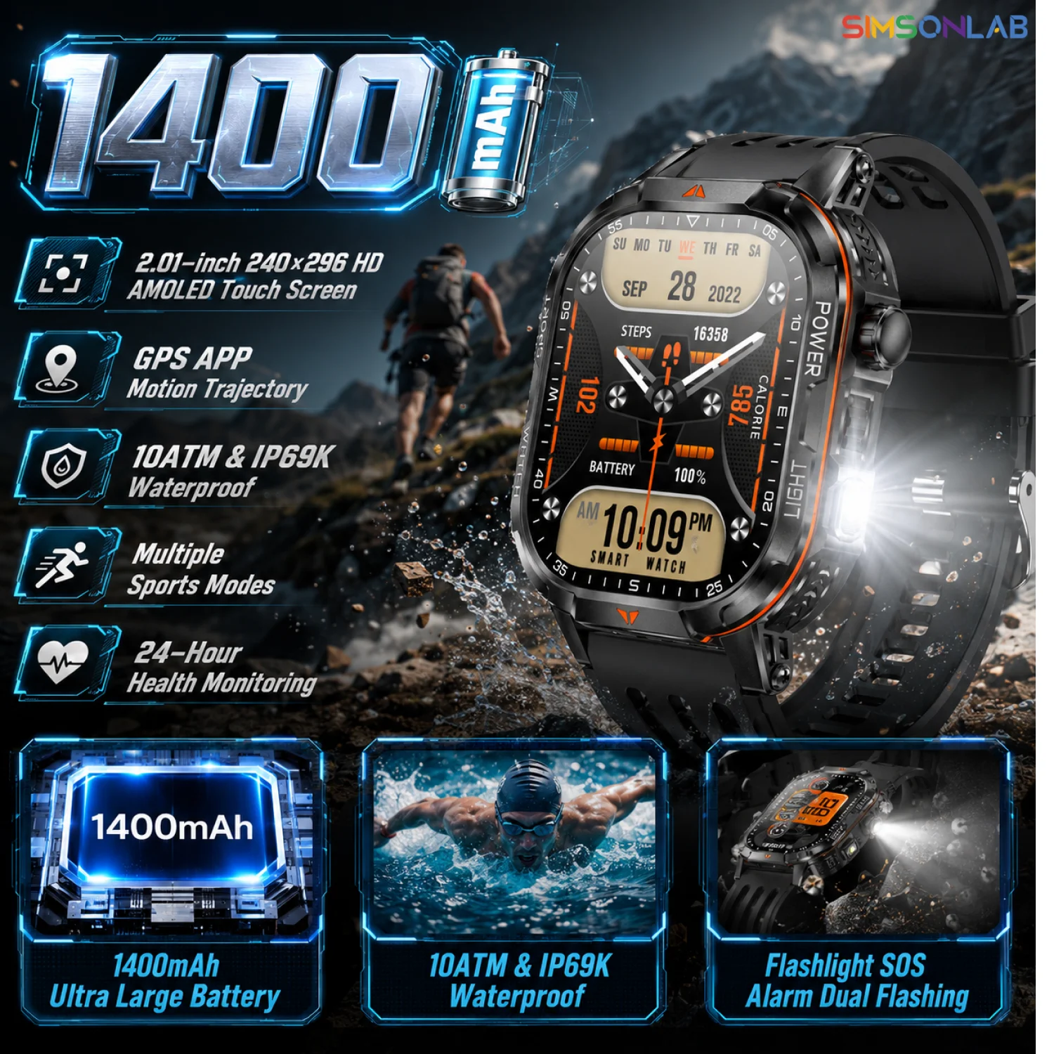 2026 New 1400mAh Super Large Battery Smart Watch Outdoor GPS BT Call 2.01"AMOLED 10ATM Waterproof Smartwatch For Men Women