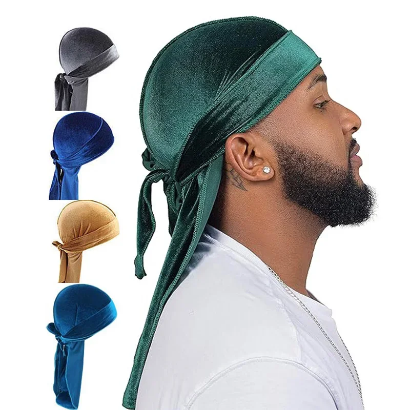 Novo unissex veludo durags bandana turbante chapéu das mulheres dos homens respirável cauda longa