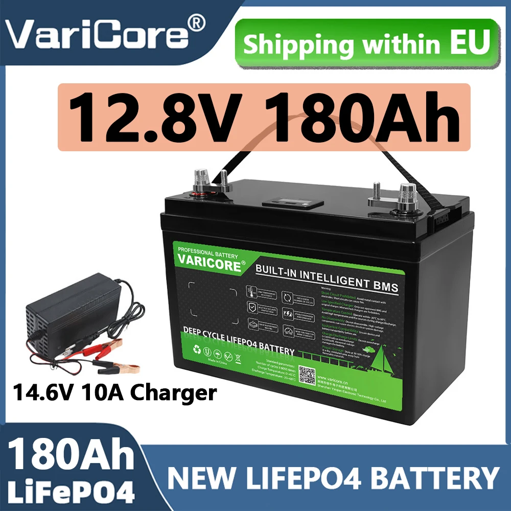 Batterie au lithium fer phosphate Varicore 12V 180Ah grande capacité pour alimentation mobile, camping, moto, camping-car