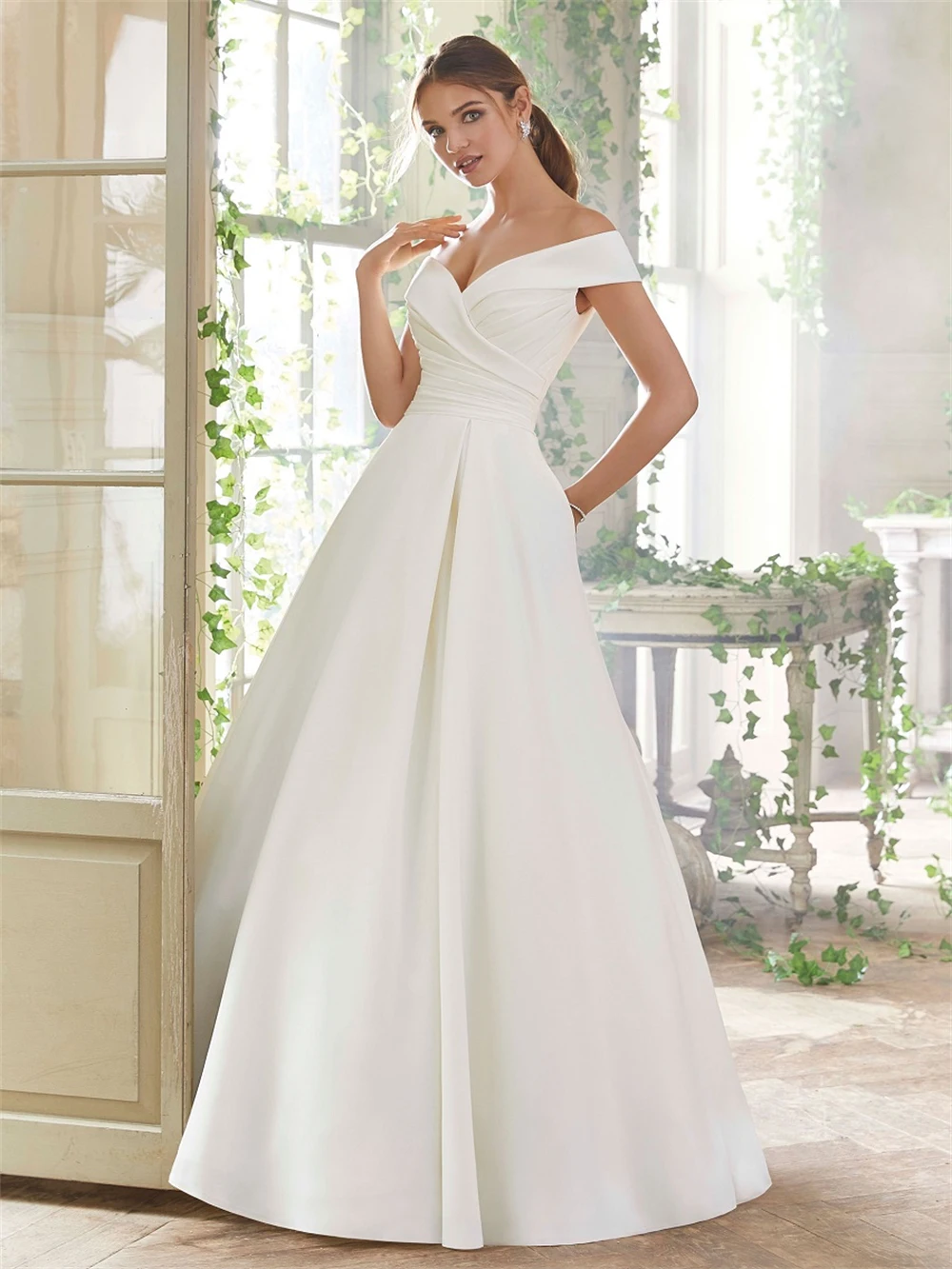 Elegantes vestidos de casamento cetim para mulheres, fora do ombro, vestes de noiva, decote em v, branco, vestidos nupciais sem encosto