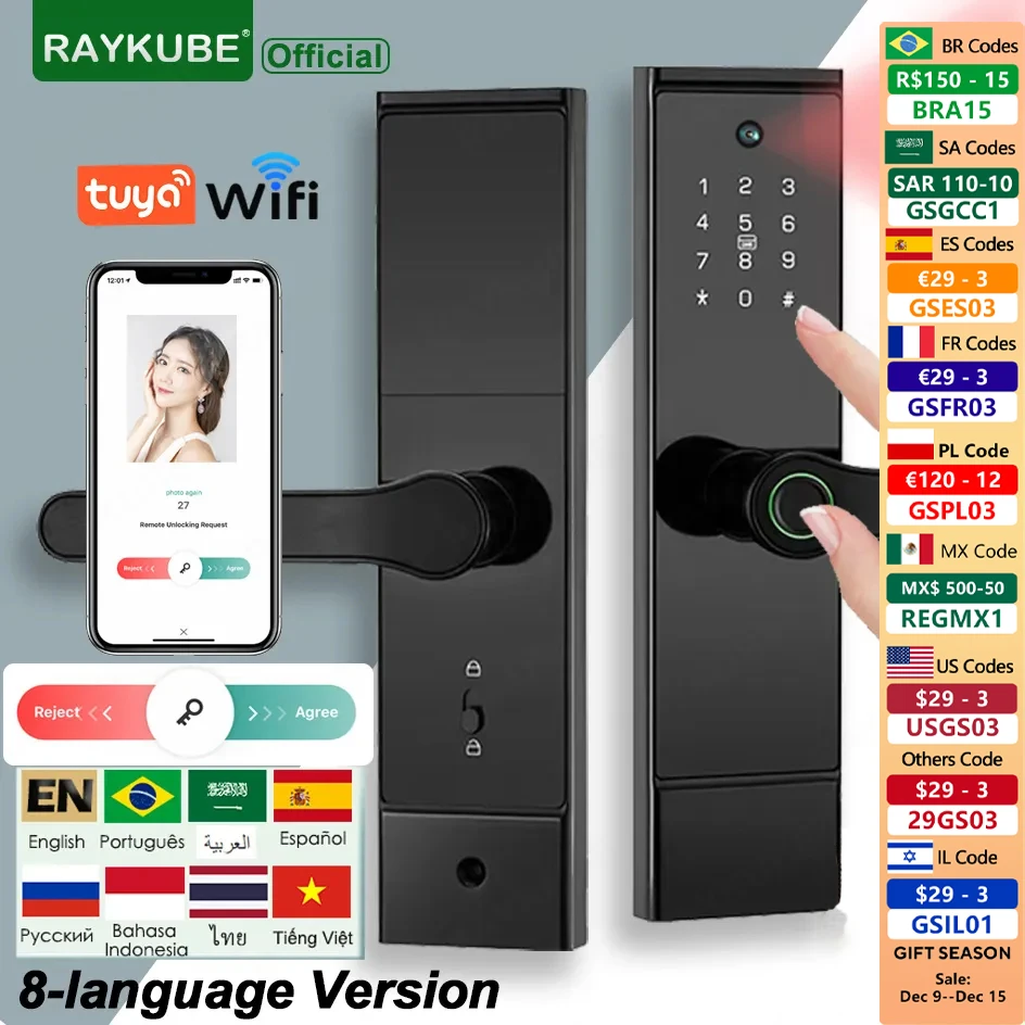 RAYKUBE P10 Tuya Wifi peephole HD Camera Fingerprint Digital Smart Door Lock With Built-in Gateway APP Remote Unlock 8-language