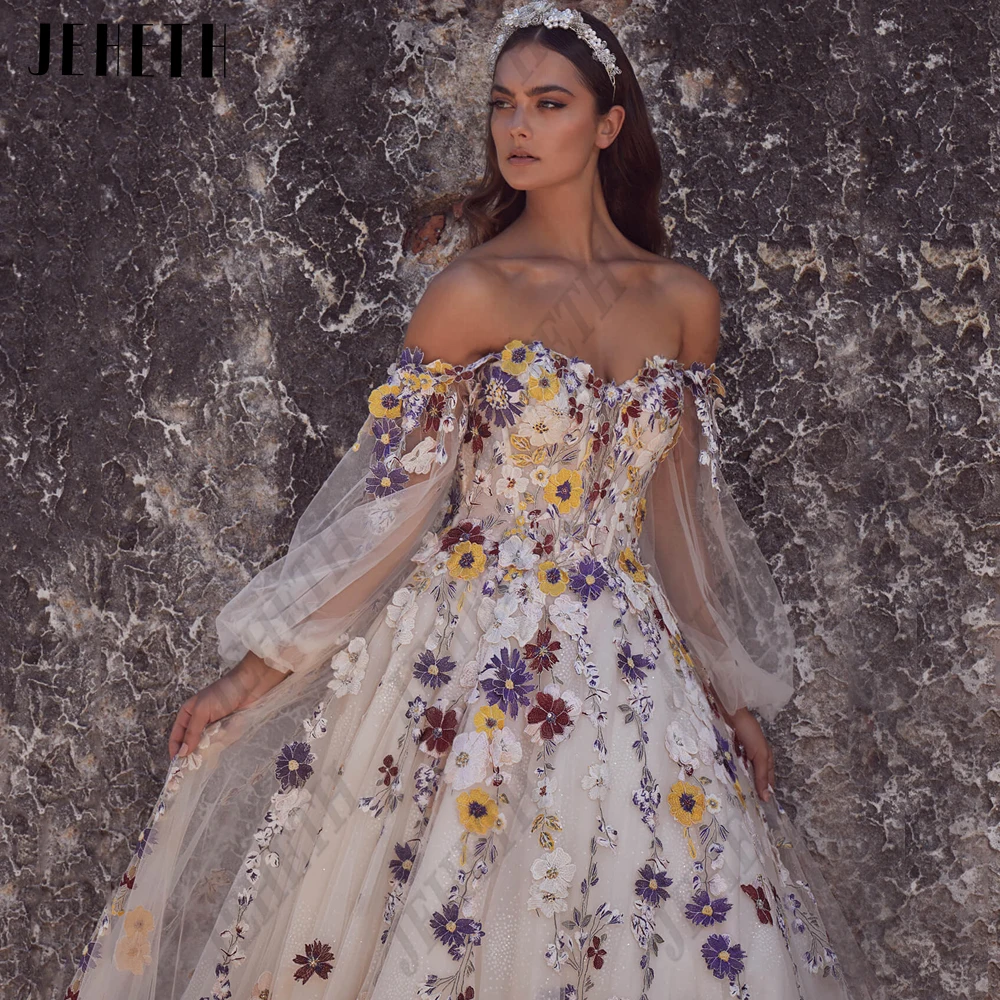 JEHETH Prom Jurk Lange Vintage Bloemen Off Shoulder Backless Party Vrouwen Puff Mouwen Sweetheart Avondjurk Vestids De Gala Prom Dress Lang Vintage Bloemen Off Shoulder  Rugloze Partij Vrouwen Pofmouwen Zoethart  Avond