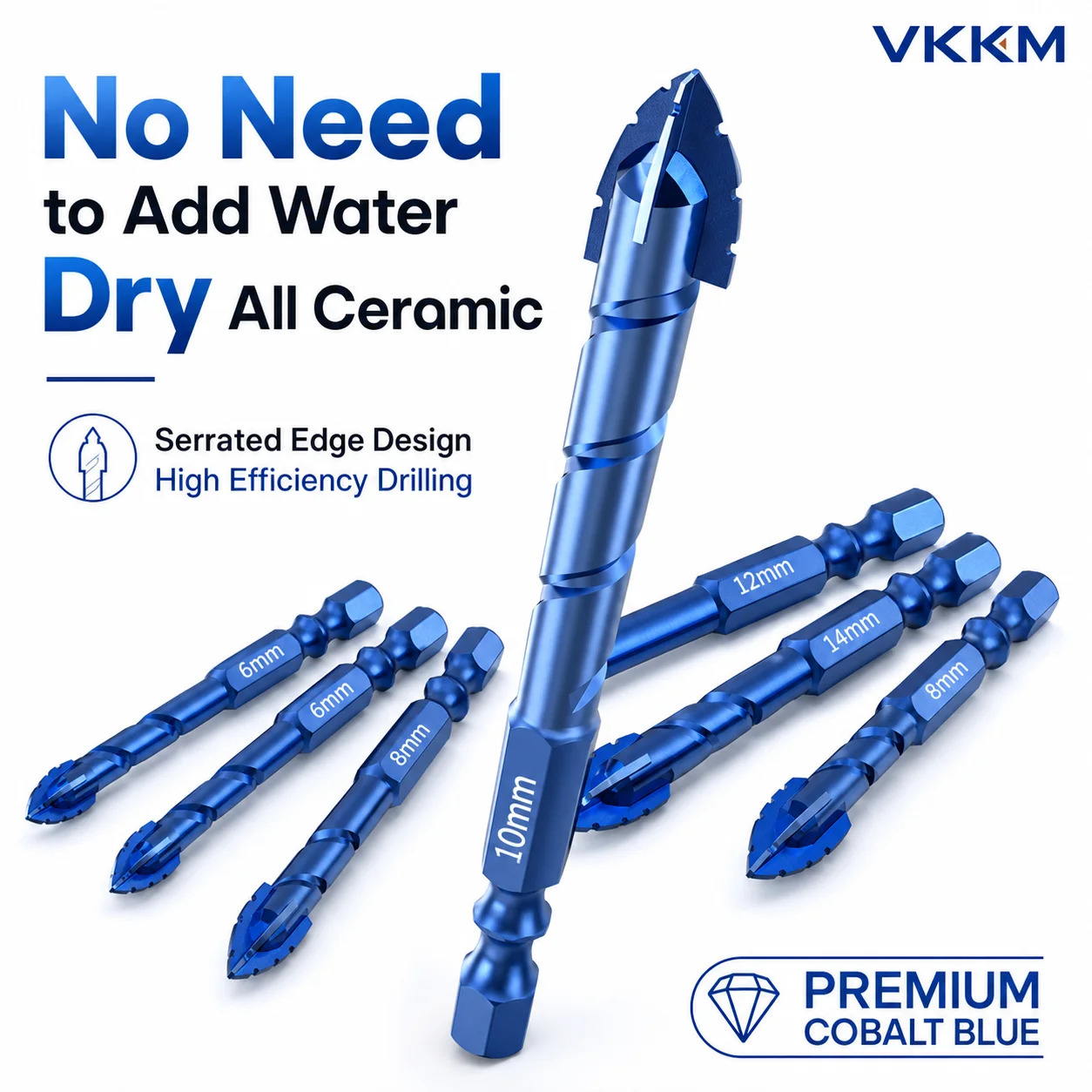 VKKM 8Pcs Tungsten Carbide Tile Drill Bits Set, 6-14mm Serrated Edge Dry Drill Bit for Porcelain Ceramic Glass Stone Marble Brick Wall
