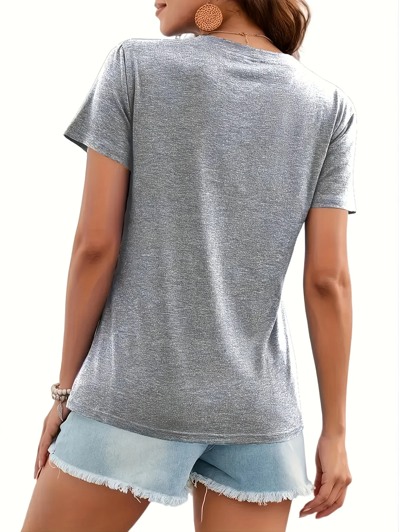 Ladies V-Neck Grey T-Shirt Summer Thin Style Casual Comfortable Women's Top