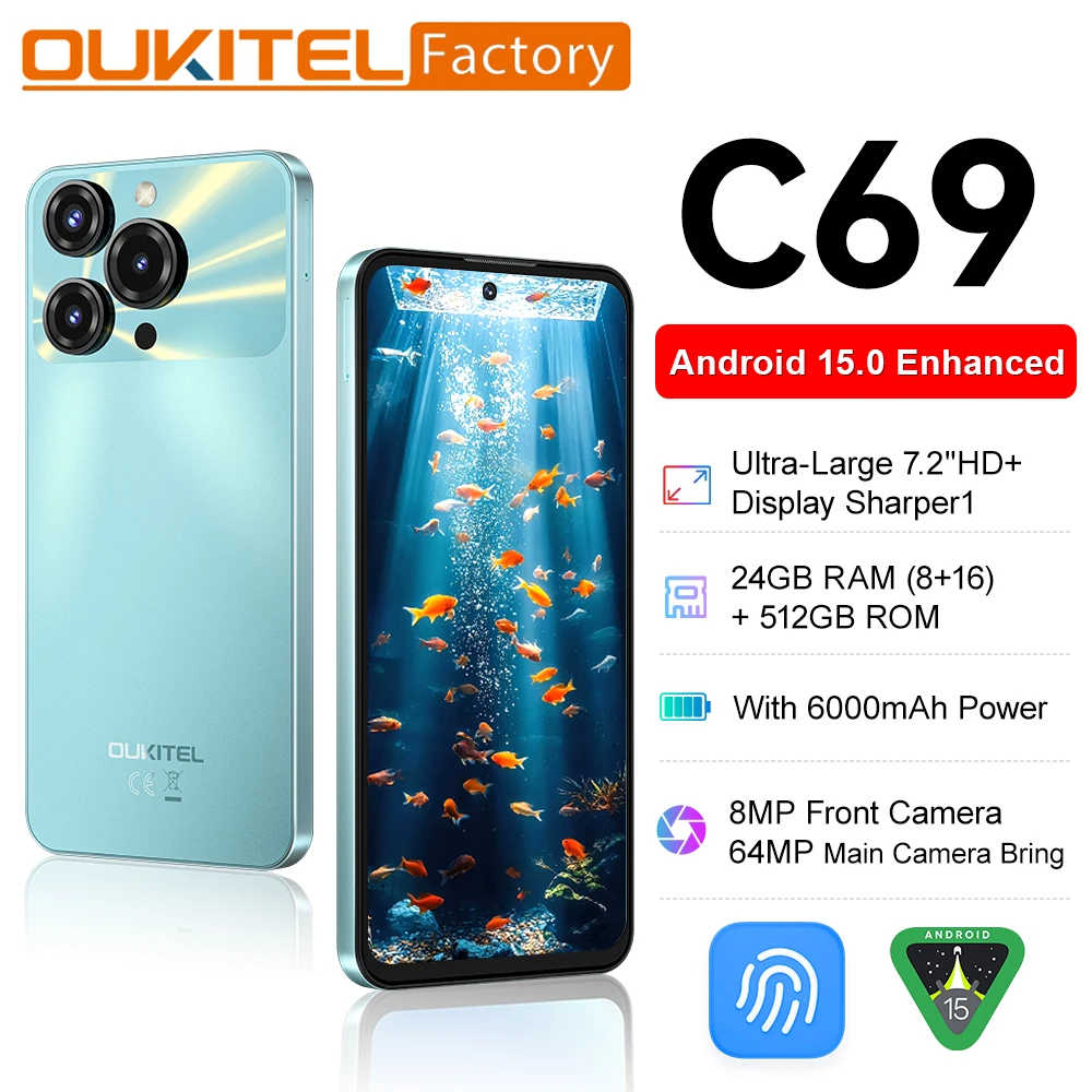 Смартфон OUKITEL [C69] с 7,2-дюймовым HD+ дисплеем, частотой обновления 120 Гц, 24 ГБ (8+16) + 512 ГБ памяти, аккумулятором 6000 мАч, 64-мегапиксельной камерой, Android 15, NFC.