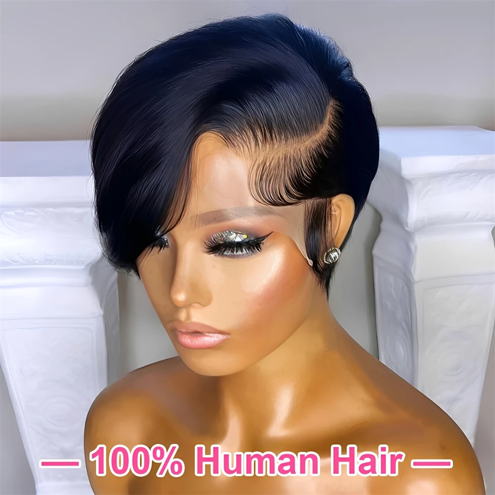 Short Bob Wig Human Hair For Black Women Pixie Cut Wig Human Hair Wig 13x4 Lace Frontal Wigs Natural Black Straight Short Layered Pixie Cut Hair For Daily Use