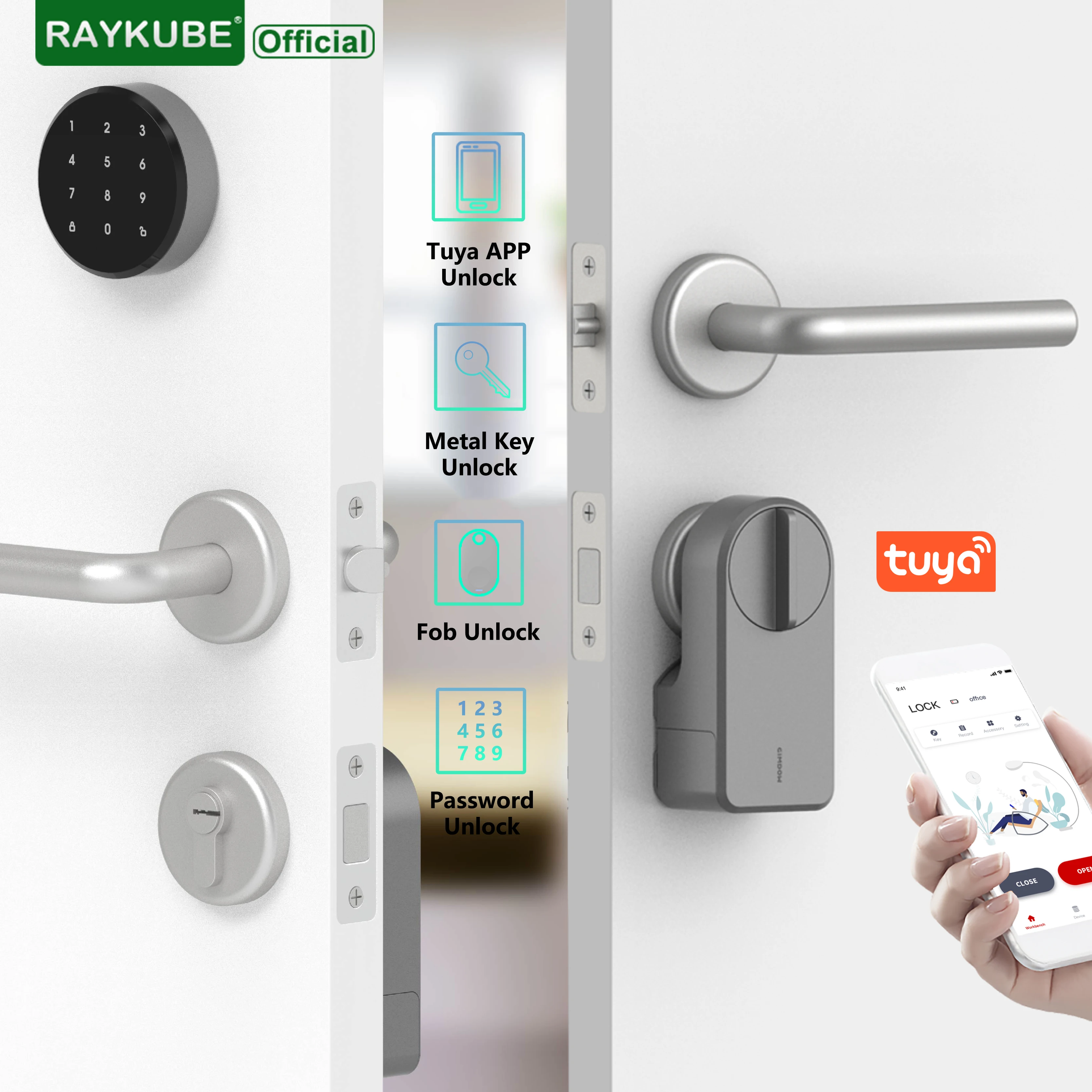 RAYKUBE A1 Pro Tuya BEL Smart Electronic Door Lock Set with Fobs/Wireless Keypad/Smart Key Smart Life/Tuya APP Remote Unlock