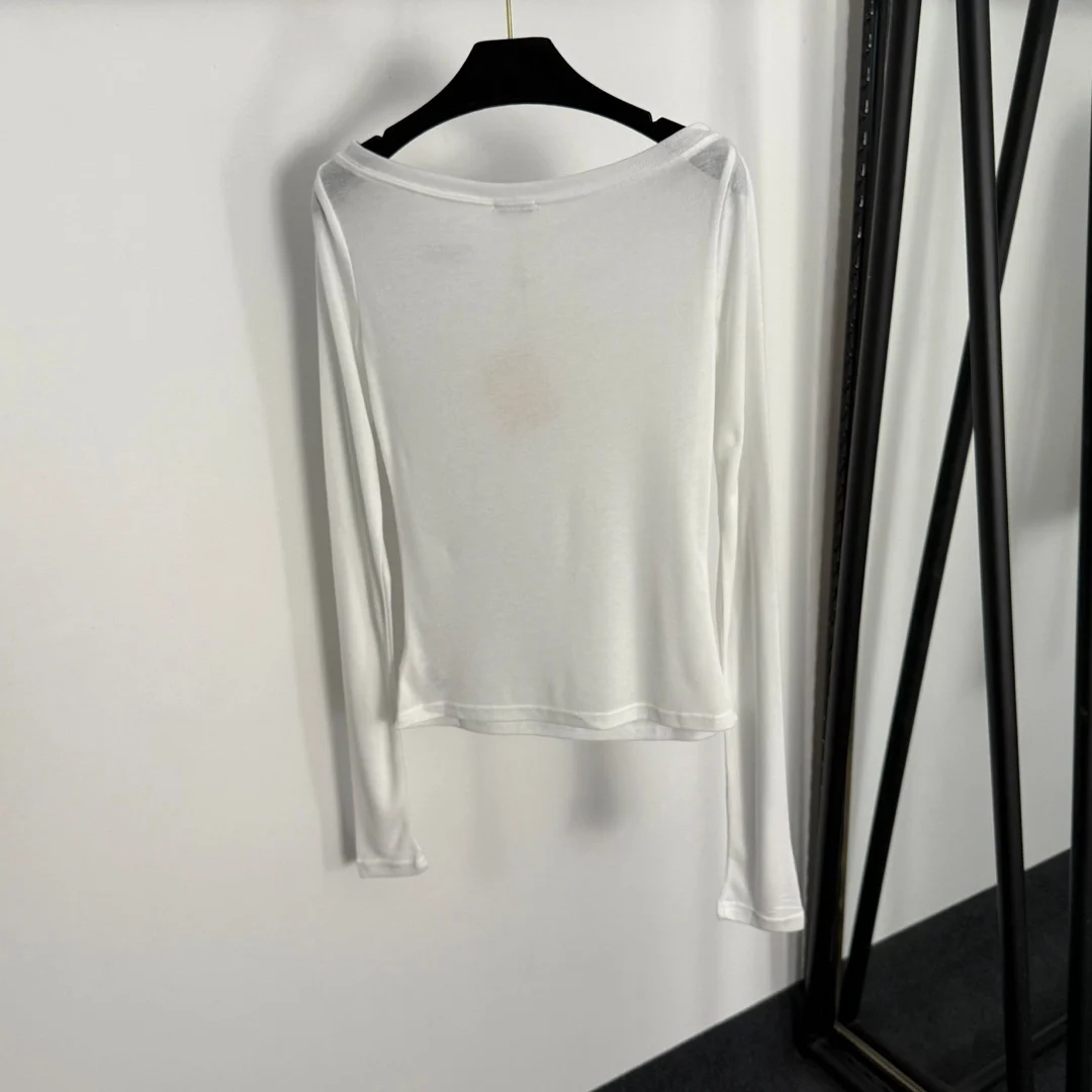 

2025 New T-shirt long-sleeved solid embroidery cotton One-shoulder Fashionable Versatile Slimming Figure-hugging winter autumn