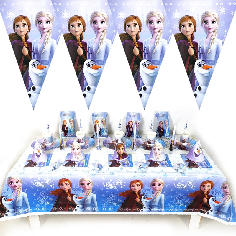 101pc/lot Disney Frozen High Quality Party Decorate Set Napkins Straws Cap Birthday Party Flags Plates Cups Tablecloth Loot Bags