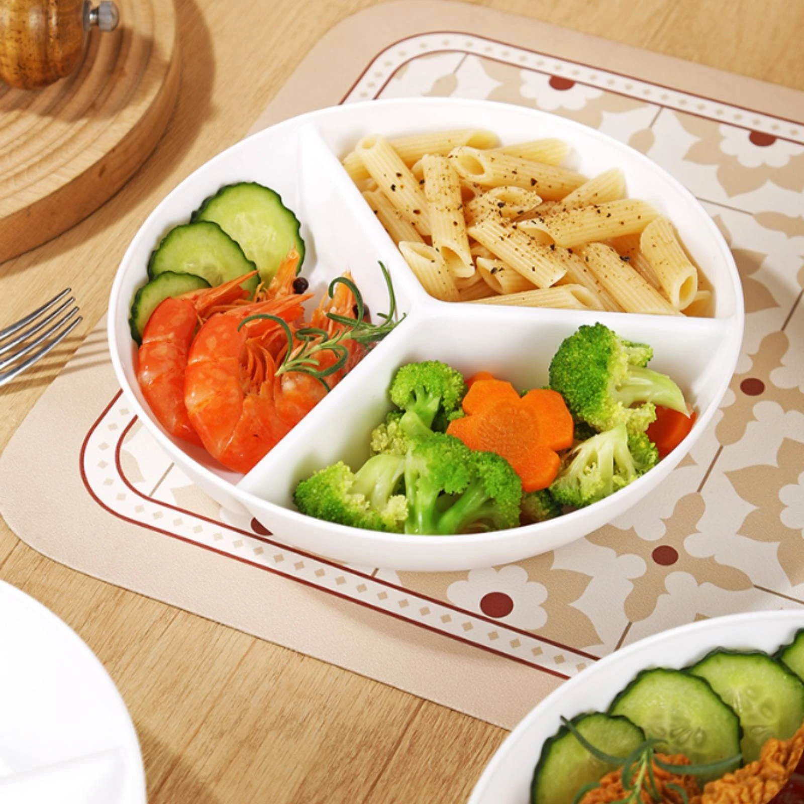 Imitation Ceramic 3‑Compartment Steaming Plate Round Divided Diet Plate Household Separate Breakfast Dish Food Prep Tray