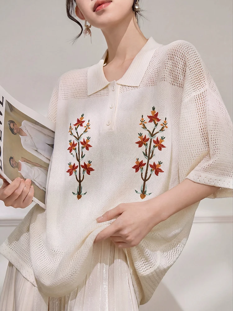 Women Floral Embroidered Polo Knit Top Short Sleeve Open Knit Sweater Loose Fit Vintage Casual  Blouse Lightweight Vacation
