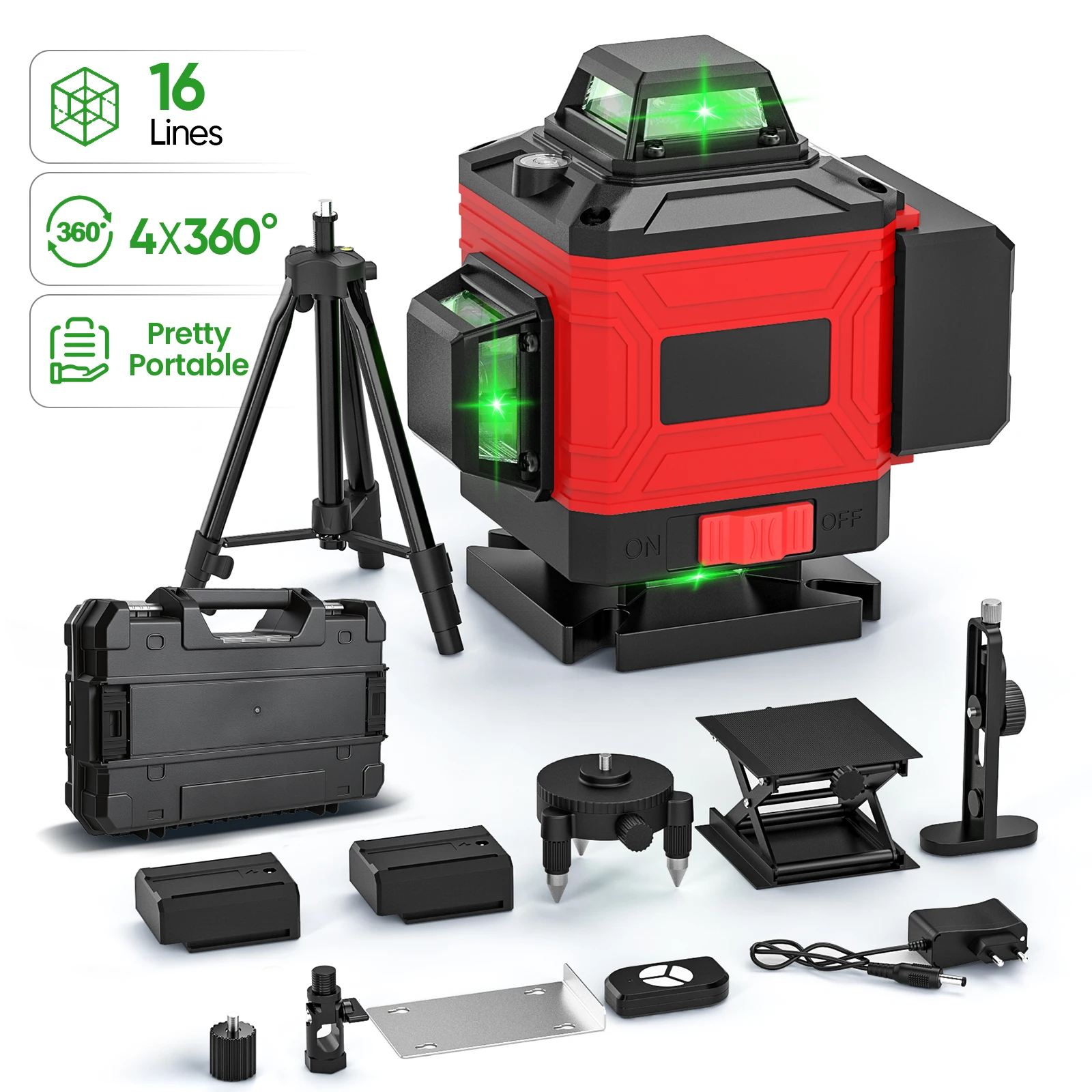 4D 16-Linien-Laser-Nivelliergerät Automatisch 3 °   Selbstnivellierende Funktion 4x360 °   Horizontaler und vertikaler Kreuzlinienlaser-Nivellierer, hochpräzises Bau-Ausrichtungswerkzeug mit grünem