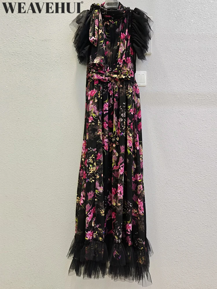 WEAVEHUI Women Lace-Up Stand Collar Flying Sleeve Print Slit Design Summer New model Vintage Temperament Dresses