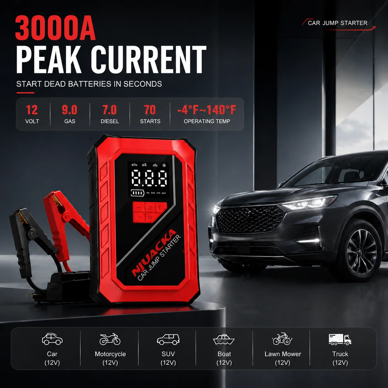 NJUACKA 3000A Peak 8-in-1 Portable Car Battery Jump Starter, 12V Auto Battery Booster with 150PSI Digital Tire Inflator Air Pump, Smart LCD Screen, USB Fast Charging Power Bank, LED Flashlight, SOS Emergency Light for Cars, SUVs, Pickup Trucks, RVs & Road view 5