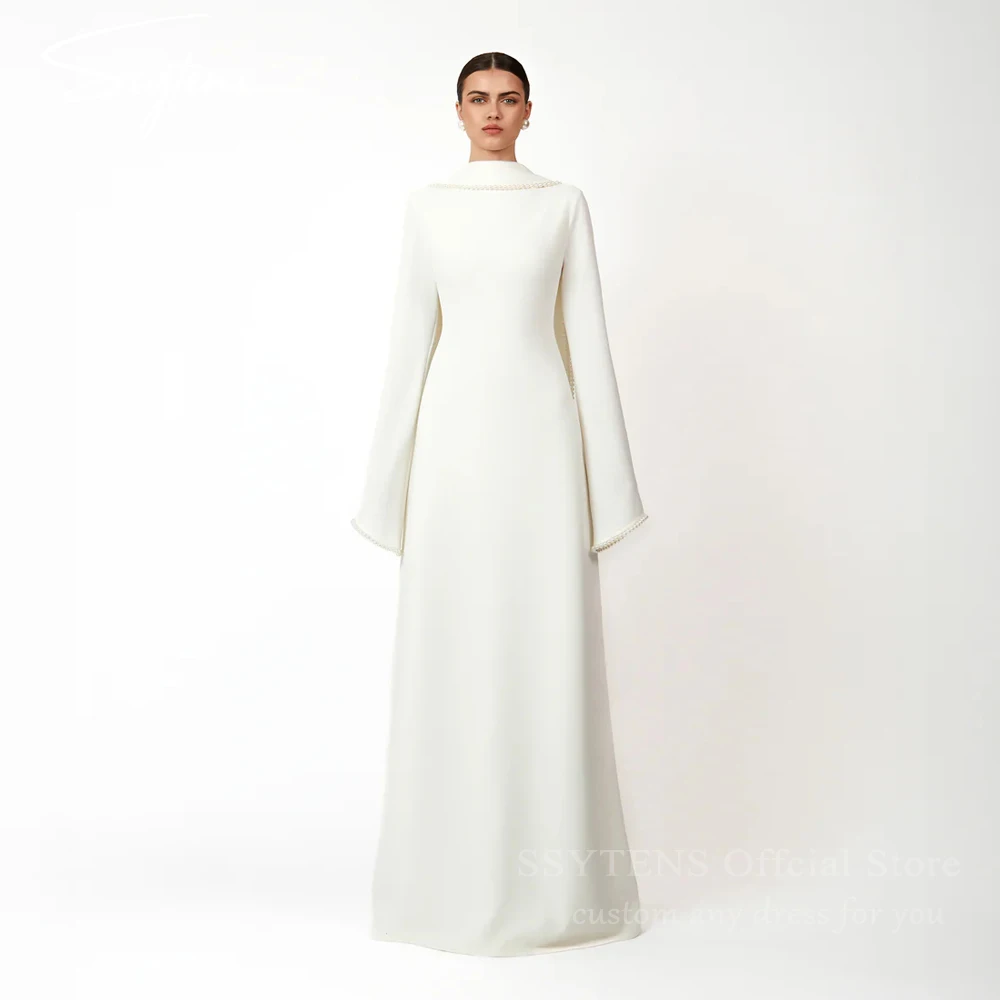 

SSYTENS Wedding Party Dresses A Line Pearl Long Sleeves Evening Gown Long Shawl Saudi Arabian Formal Evening Dress Customized