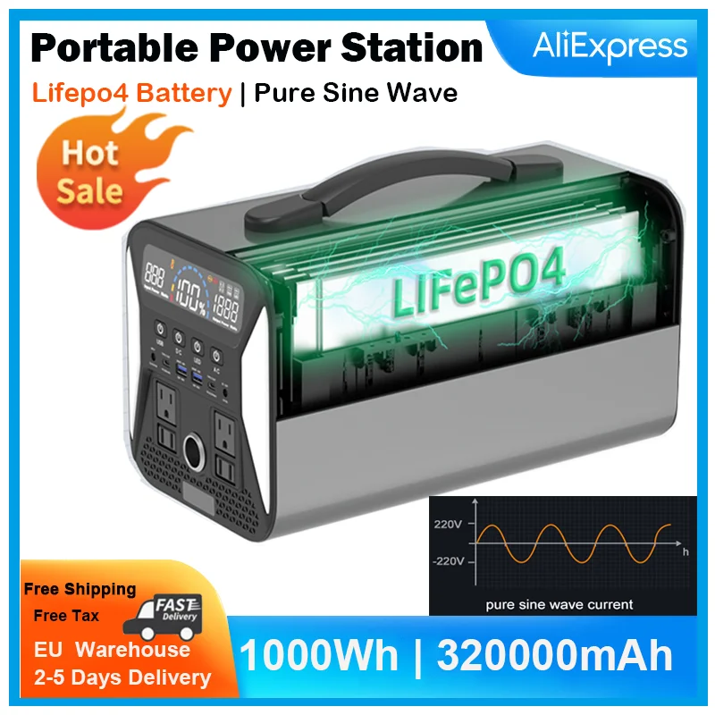 Estación de energía portátil de 1000W ,220V, batería Lifepo4 para viaje de Camping, onda sinusoidal pura