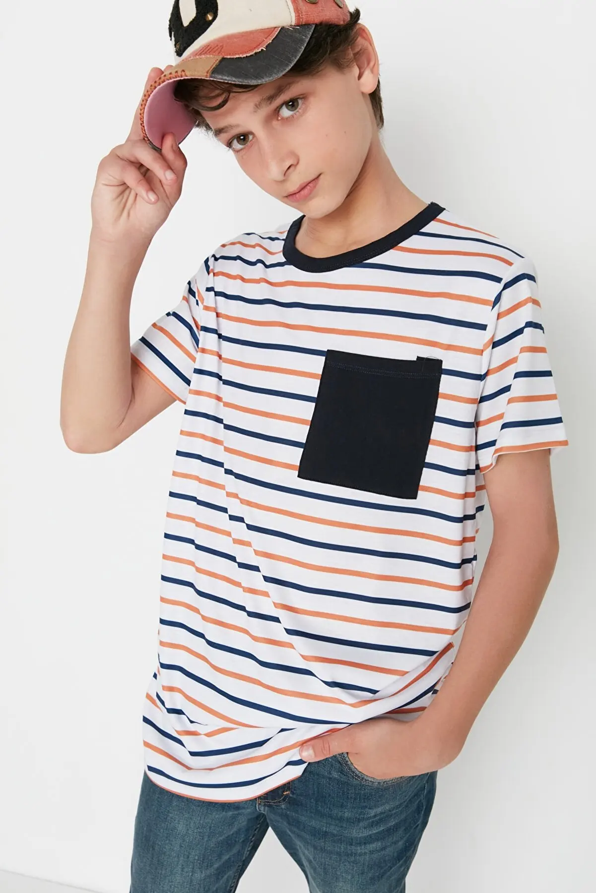 

Multicolour Pocket Detail Striped Male Child Knitted T-Shirt