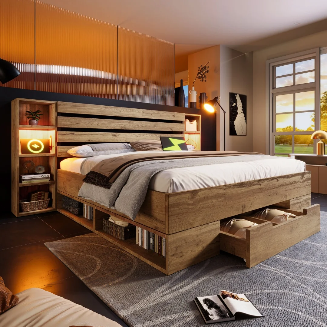 Cama doble de madera maciza 160×200, cama con almacenamiento, sistema de cama con iluminación LED y USB C, cabecero con almacenamiento y cajones, cama