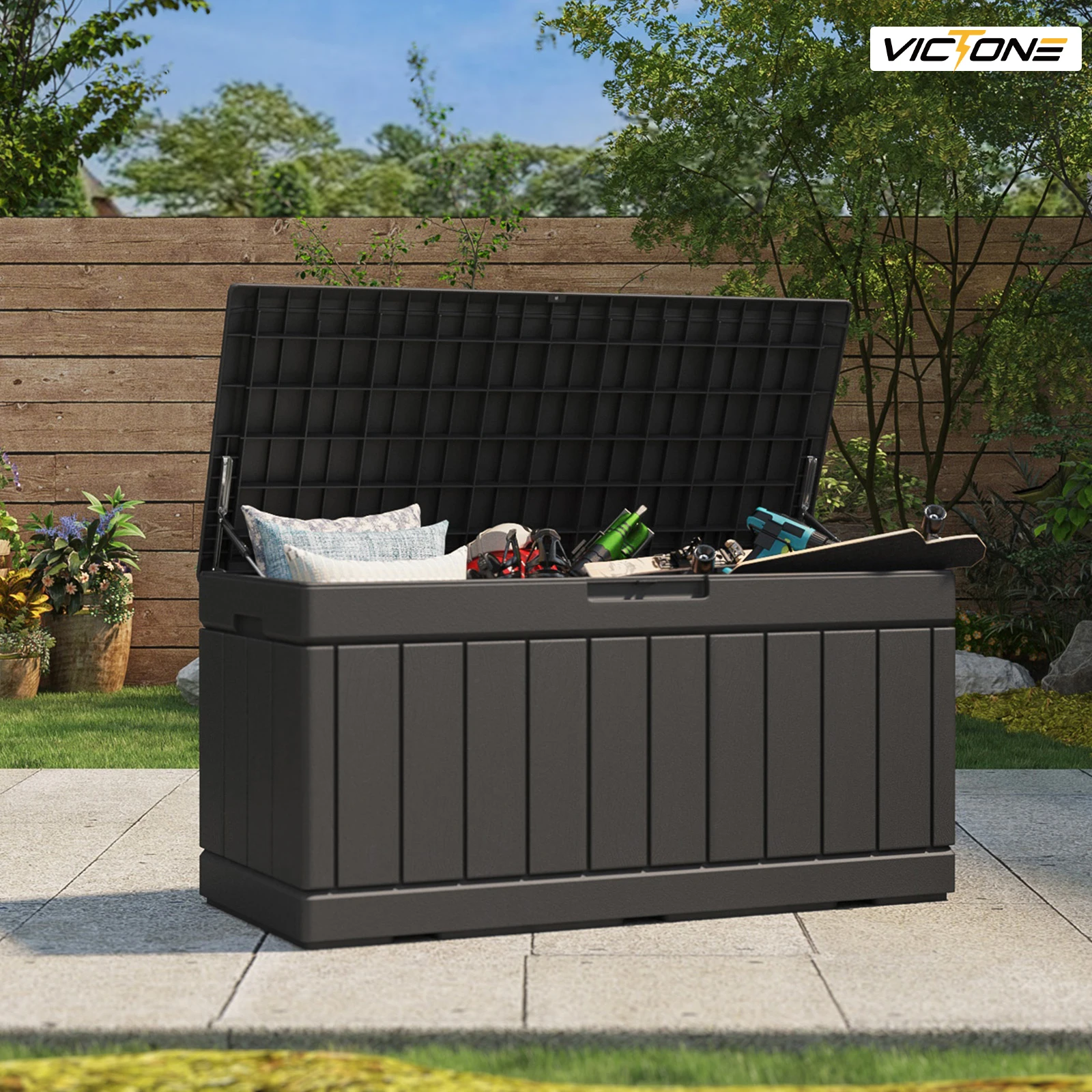 

Victone 82 Gallon Deck Box, Waterproof Large Wood Look Outdoor Lockable Storage Box for Patio Fumniture, Toys, Garden, Black