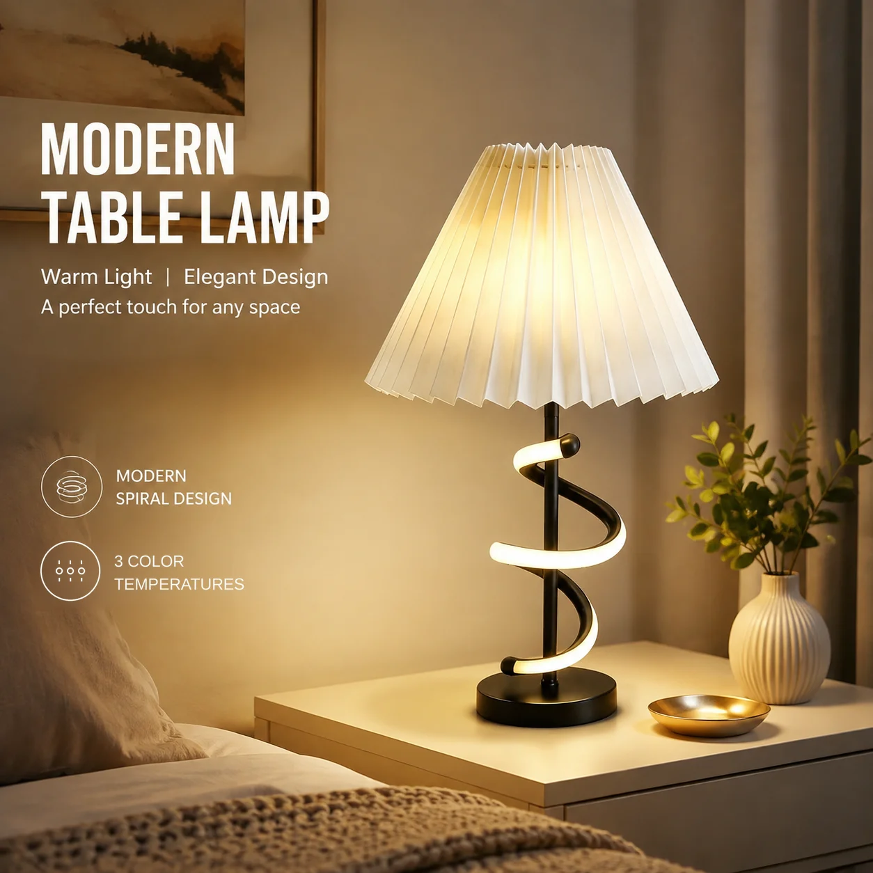 Moderne Spiralförmige LED-Tischlampe mit Plissiertem Stoffschirm E27 3 Farbtemperaturen Augenschonende Nachttischlampe für Schlafzimmer und Wohnzimmer