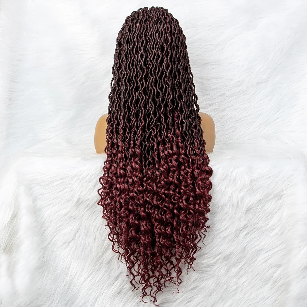 32 inch Burgundy Color Synthetic Lace Front Wig Braided Wigs With Baby Hair Braided Lace Front Wigs Curly Dreadlocks Wigs