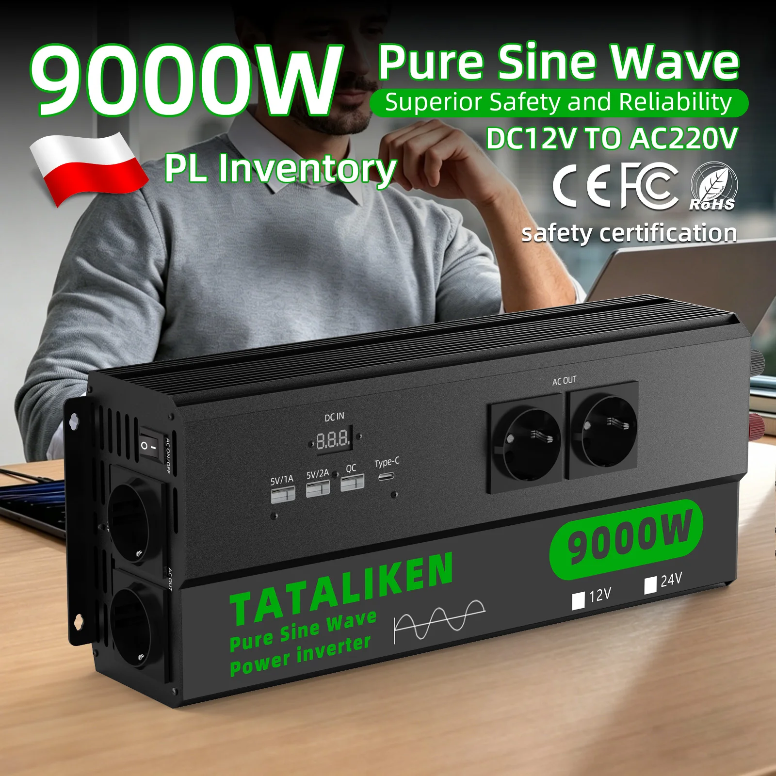 Inverter da 6000W di potenza massima, 12V a 220V AC 50HZ, con doppi ventilatori di raffreddamento e display LCD, presa universale europea, 4 porte USB, telecomando per camper, impianti solari e