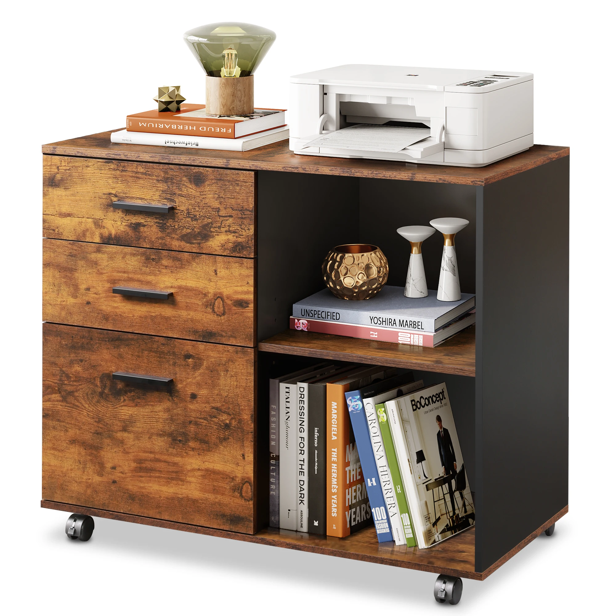 3-Drawer Mobile File Cabinet, Lateral Filing Cabinet, Rustic Brown Wood, Rolling Printer Stand, Under Desk Storage, Open Shelves, Fits Letter & A4 File, Home Office